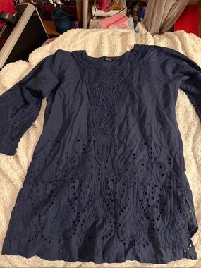 Navy Eyelet & Crochet Tunic Top